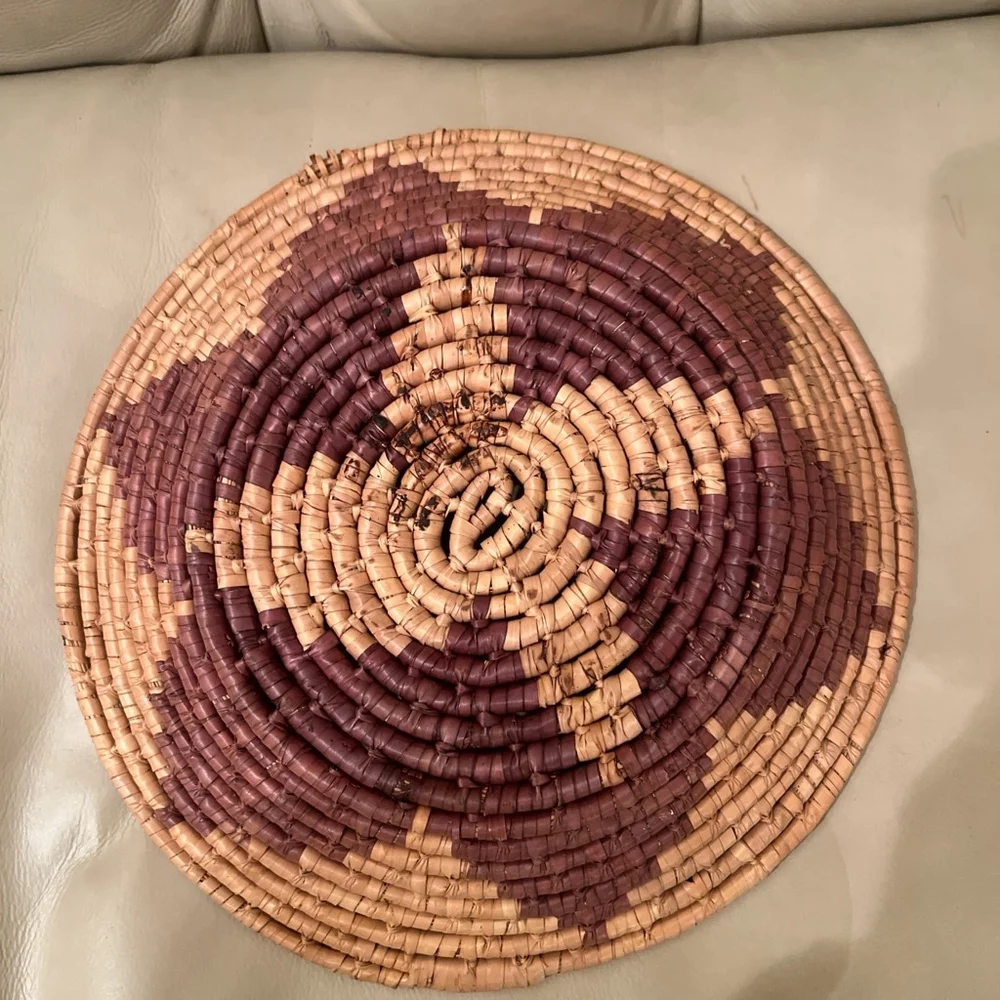 Handmade Coil Basket Bowl Flower Star Pattern Brown Tan 12 inches